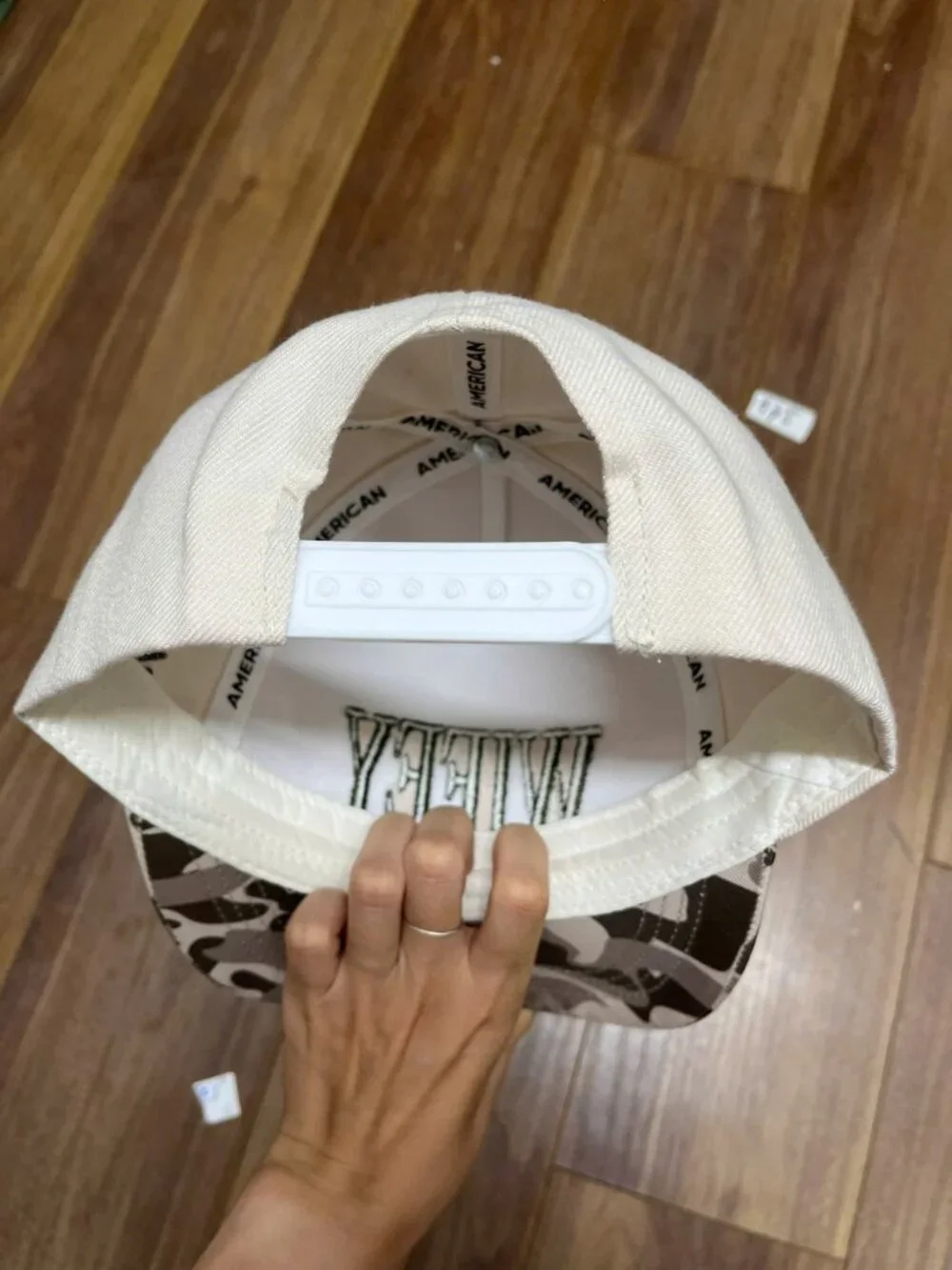 Wifey Embroidered Snapback Hat – Cream Crown Camo Flat Brim Cap with Olive Green